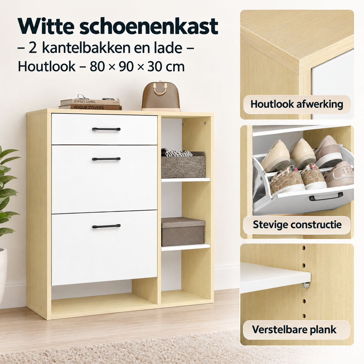 Detail van materiaal en afwerking van witte schoenenkast