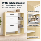 Detail van materiaal en afwerking van witte schoenenkast