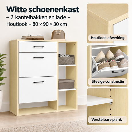 Detail van materiaal en afwerking van witte schoenenkast