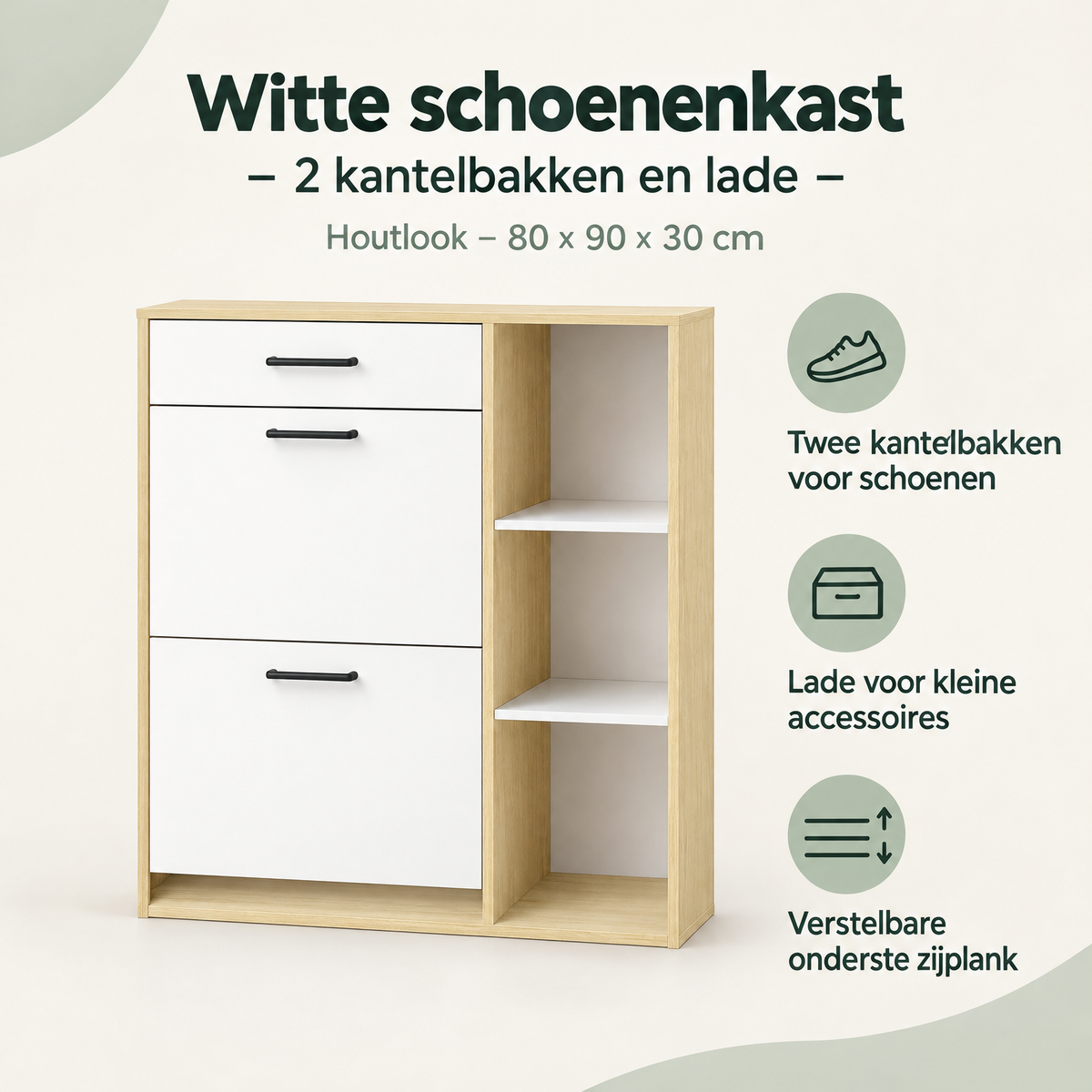 Overzicht van witte schoenenkast met de belangrijkste productvoordelen
