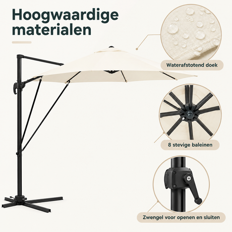 Detail van materiaal en afwerking van zweefparasol 3 meter