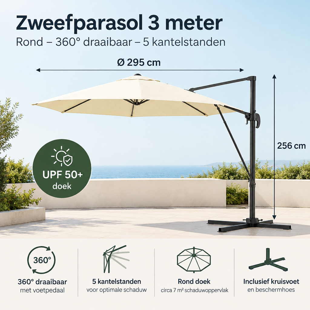 Afmetingen en productspecificaties van zweefparasol 3 meter