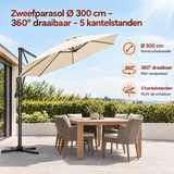 Zweefparasol van BukkitBow, Ø 300 cm, 360° draaibaar en met 5 kantelstanden voor schaduw en comfort.