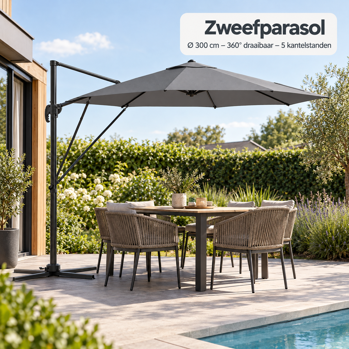 BukkitBow zweefparasol van 300 cm diameter, 360° draaibaar en met 5 kantelstanden, voor schaduw en comfort in de tuin.