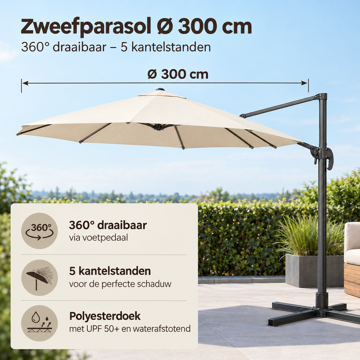 Zweefparasol BukkitBow Ø 300 cm met 360° draaibare en 5 kantelstanden, zonwering voor buiten.