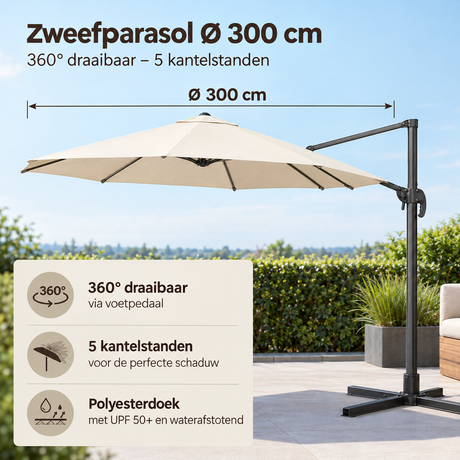 Zweefparasol BukkitBow Ø 300 cm met 360° draaibare en 5 kantelstanden, zonwering voor buiten.