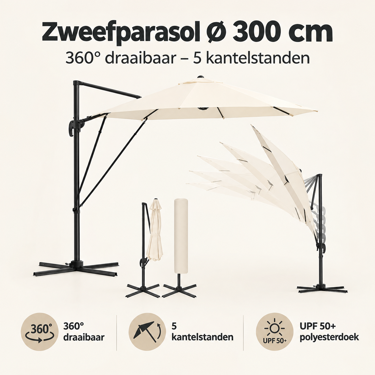 BukkitBow zweefparasol Ø 300 cm met 360° draaibare en 5 kantelstanden, overzicht met kernvoordelen