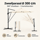 BukkitBow zweefparasol Ø 300 cm met 360° draaibare en 5 kantelstanden, overzicht met kernvoordelen