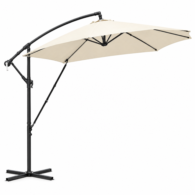 Zweefparasol BukkitBow van 310 cm met kantelbare slinger, beschermhoes en kruisvoet, geschikt voor buitengebruik.