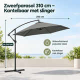 Zweefparasol BukkitBow 310 cm, kantelbaar met slinger, kruisvoet en beschermhoes, zichtbaar in de specificatie afbeelding.