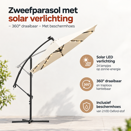 BukkitBow zweefparasol met solar verlichting, 360° draaibaar en inclusief beschermhoes, ideaal voor schaduw en sfeer.