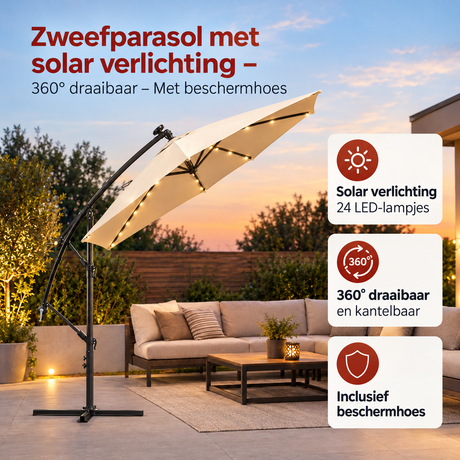 BukkitBow zweefparasol met solar verlichting, 360° draaibaar en inclusief beschermhoes, ideaal voor buitenruimte.