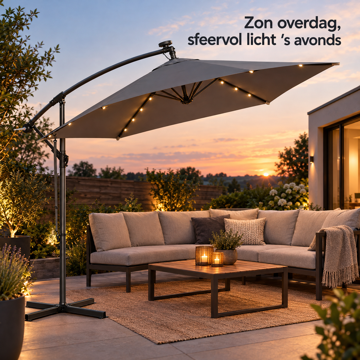 BukkitBow zweefparasol met solar verlichting, 360° draaibaar en beschermhoes, ideaal voor buitengebruik