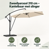 Zweefparasol BukkitBow, 310 cm, kantelbaar met slinger, kruisvoet en beschermhoes, overzicht van kernvoordelen.