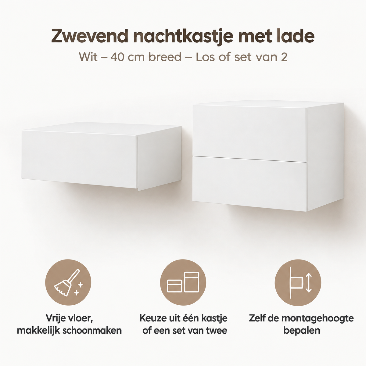 Wit zwevend nachtkastje met lade van BukkitBow, 40 cm breed, zichtbaar met lade en muurbevestiging.