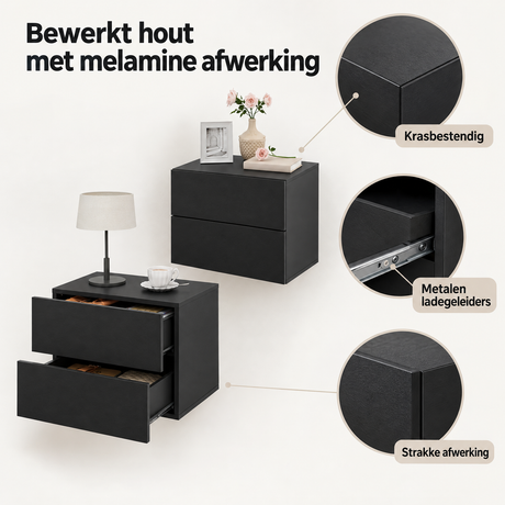 Set van 2 zwevende nachtkastjes met lade, 40 cm breed, in wit of zwart, van BukkitBow, geschikt voor moderne slaapkamers.