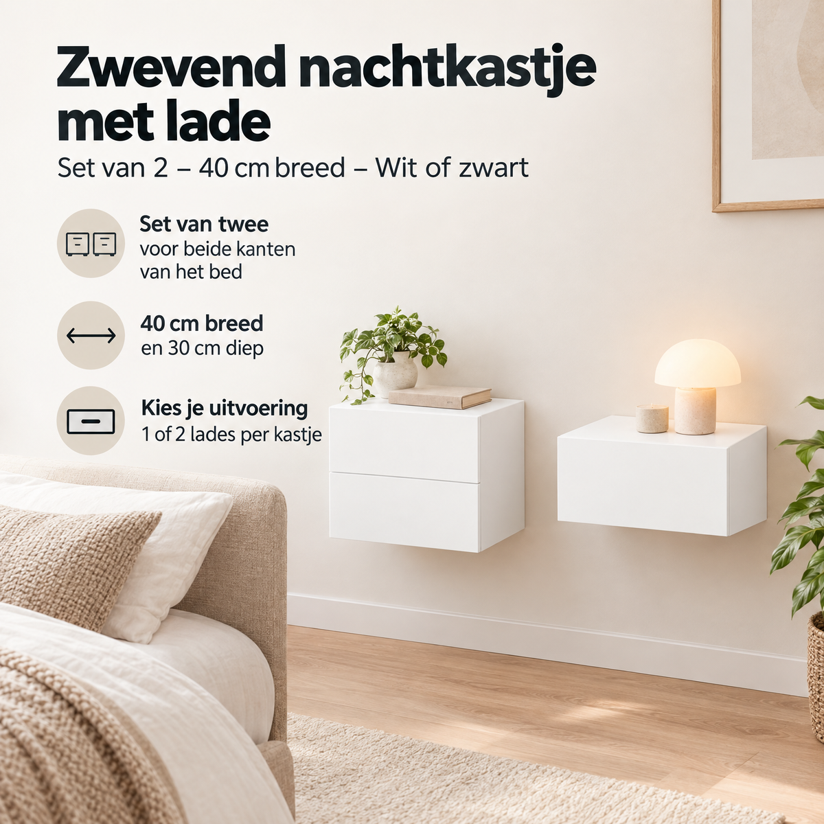 Set van 2 zwevende nachtkastjes met lade, 40 cm breed, in wit of zwart, geschikt voor slaapkamer en praktische opbergruimte.