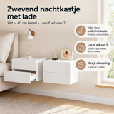 Wit zwevend nachtkastje met lade van BukkitBow, 40 cm breed, zichtbaar met montagebeugels en moderne uitstraling.