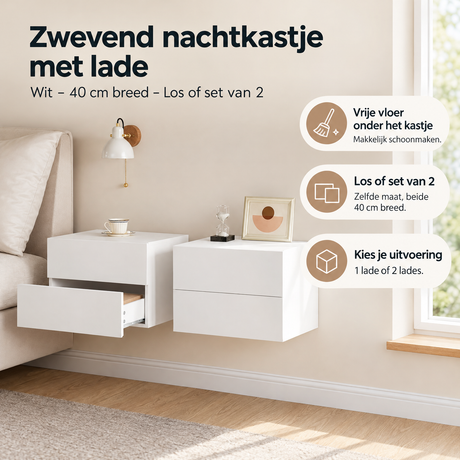 Wit zwevend nachtkastje met lade van BukkitBow, 40 cm breed, zichtbaar met montagebeugels en moderne uitstraling.
