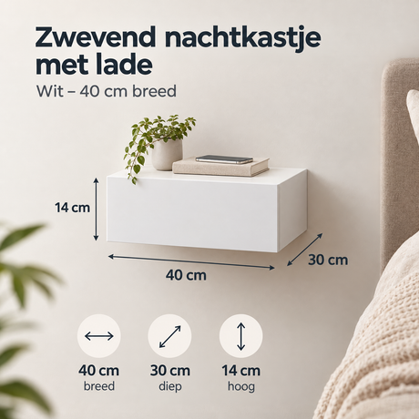 Wit zwevend nachtkastje met lade van BukkitBow, 40 cm breed, zichtbaar met lade en montagepunten in de afbeelding.
