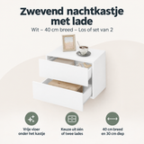 Wit zwevend nachtkastje met lade van BukkitBow, 40 cm breed, zichtbaar met lade en muurbevestiging, set van 2 mogelijk