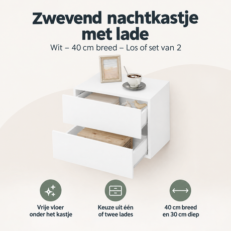 Wit zwevend nachtkastje met lade van BukkitBow, 40 cm breed, zichtbaar met lade en muurbevestiging, set van 2 mogelijk
