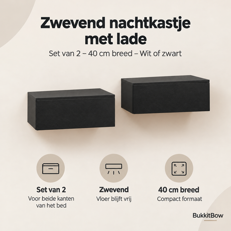 Zwevend nachtkastje met lade van BukkitBow, set van 2, 40 cm breed, wit of zwart, wandmontage met lade en strakke afwerking.
