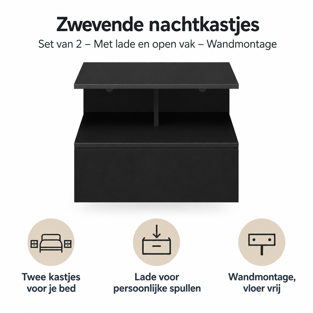 Belangrijkste voordelen en eigenschappen van zwevende nachtkastjes set van 2