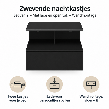 Belangrijkste voordelen en eigenschappen van zwevende nachtkastjes set van 2