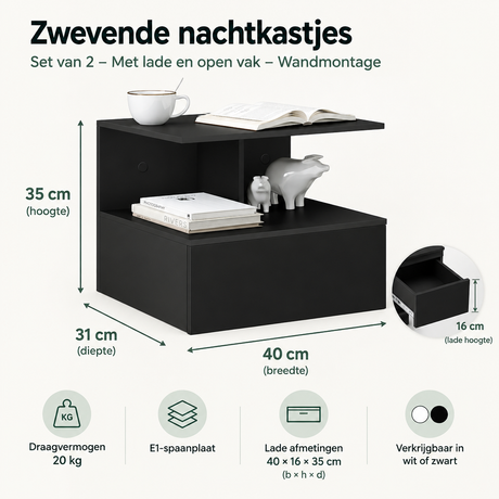 Afmetingen en productspecificaties van zwevende nachtkastjes set van 2