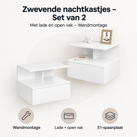 Overzicht van zwevende nachtkastjes set van 2 met de belangrijkste productvoordelen
