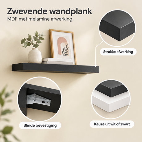 Witte of zwarte BukkitBow zwevende wandplank met blinde bevestiging, variërend van 25 tot 120 cm, close-up van het materiaal.