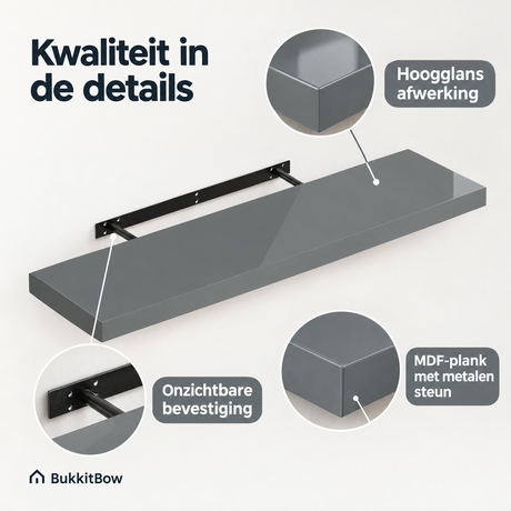 Detail van materiaal en afwerking van zwevende wandplank grijs