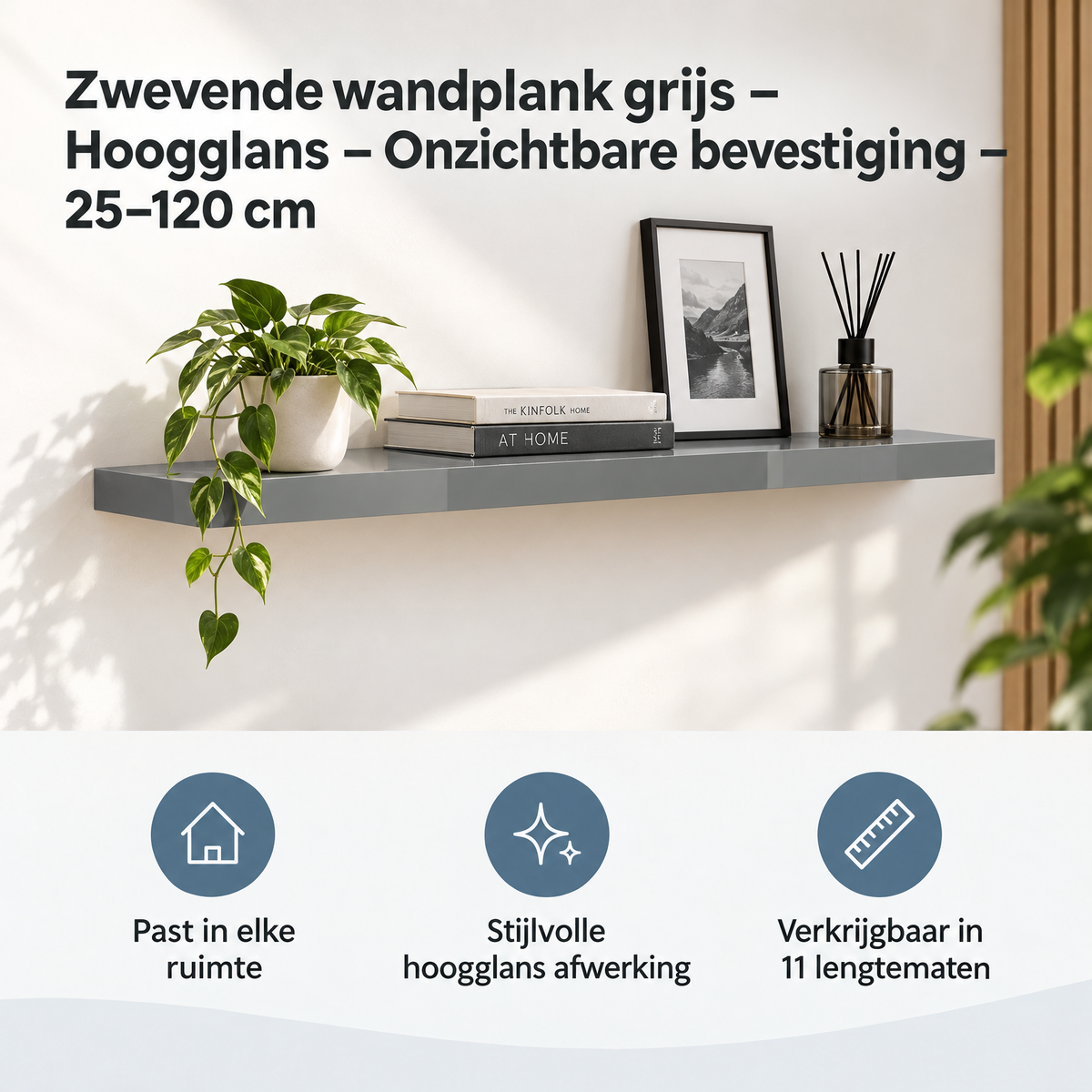 Praktische toepassing en keuzehulp voor zwevende wandplank grijs