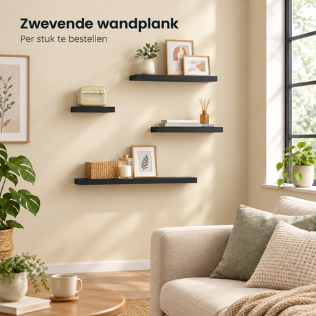 Witte of zwarte BukkitBow zwevende wandplank met blinde bevestiging, 25-120 cm, geschikt voor moderne interieurdecoratie