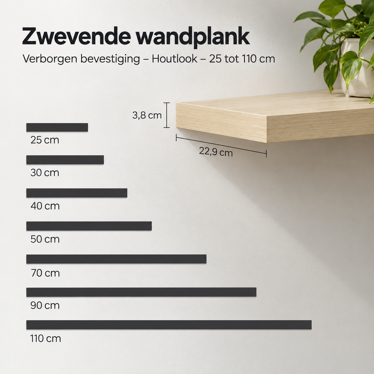 Afmetingen en productspecificaties van zwevende wandplank