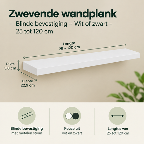 Witte of zwarte BukkitBow zwevende wandplank met blinde bevestiging, verkrijgbaar in 25 tot 120 cm, voor strakke muurdecoratie