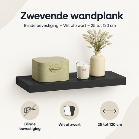 Zwevende wandplank van BukkitBow, wit of zwart, 25-120 cm, met blinde bevestiging en overzicht van kernvoordelen.