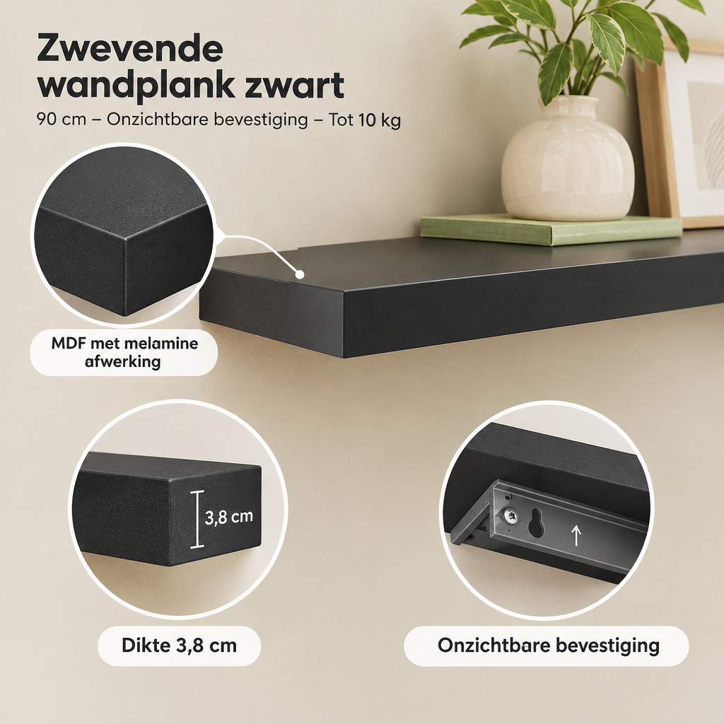 Detail van materiaal en afwerking van zwevende wandplank zwart