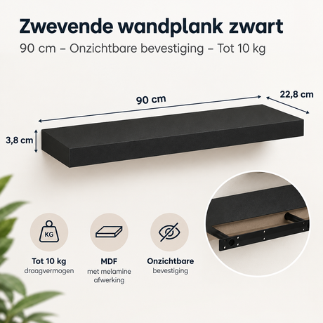 Zwarte zwevende wandplank van BukkitBow, 90 cm lang, onzichtbare bevestiging, draagkracht tot 10 kg, muurdecoratie en opbergruimte.