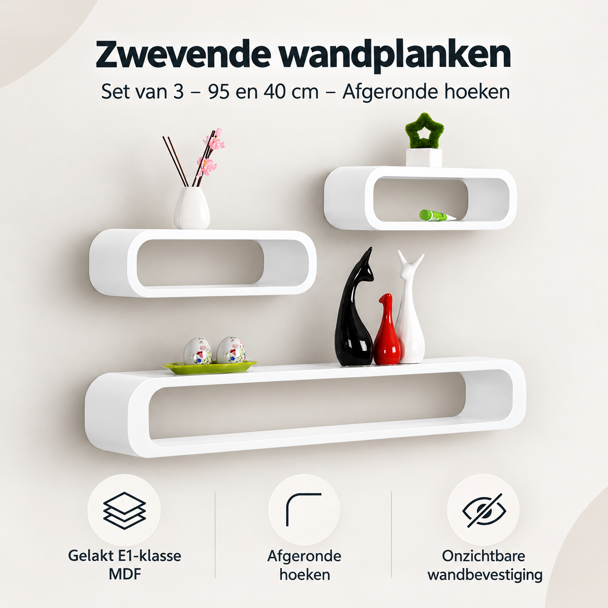 Overzicht van zwevende wandplanken met de belangrijkste productvoordelen